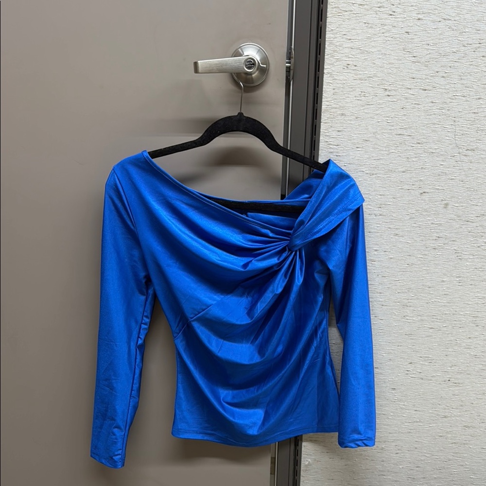 Blue Asymmetrical Ruched 3/4 Sleeve Blouse